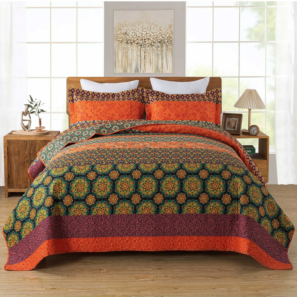 Boho Stripe Quilt Sets Floral Printed Reversible Soft Bohemian Bedding Set with Shams for All Season, Orange Red