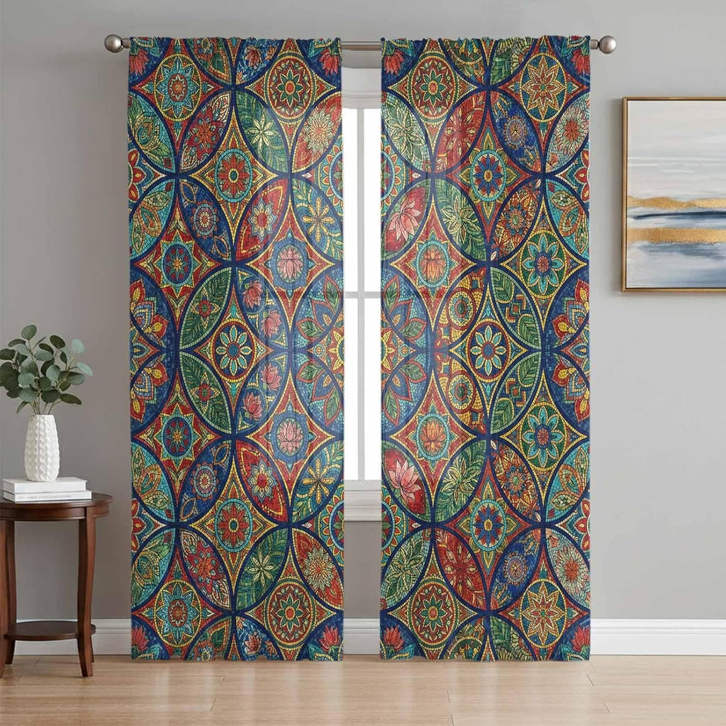 Vintage Boho Sheer Curtains 96 Inch Length 2 Panels, Ethnic Floral Geometric Green Blue Red Voile Kitchen Curtain Set