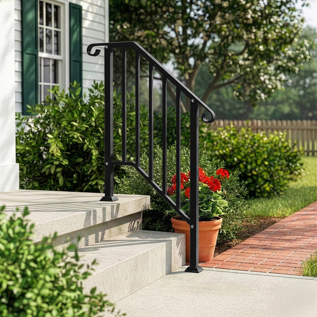 Handrails for Outdoor Steps, Black Wrought Iron Handrail Fits 2 or 3 Steps, Transitional Handrail with Installation