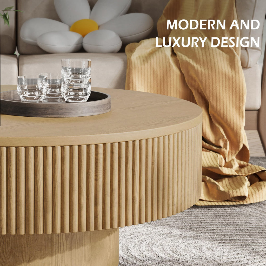 31.5" Round Fluted Coffee Table, Modern Wood Circle Coffee Table, Veneer Handcrafted Relief Tea Table with Sturdy
