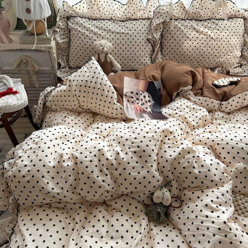 Chic Black Polka Dot Ruffled Beige Duvet Cover