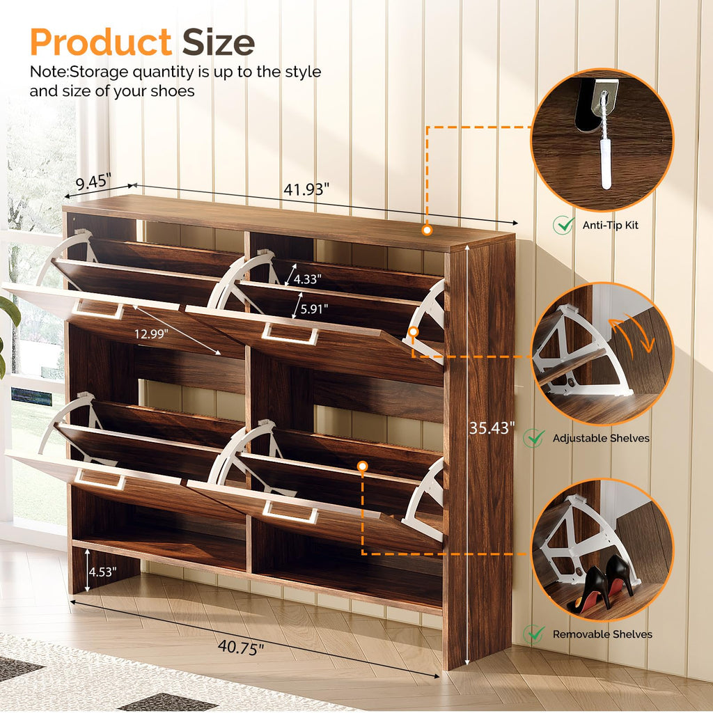 Walnut Shoe Cabinet, Slim Rustic Shoe Storage Cabinet with 4 Flip Drawers, Mid-Century Modern Wood Shoe Rack