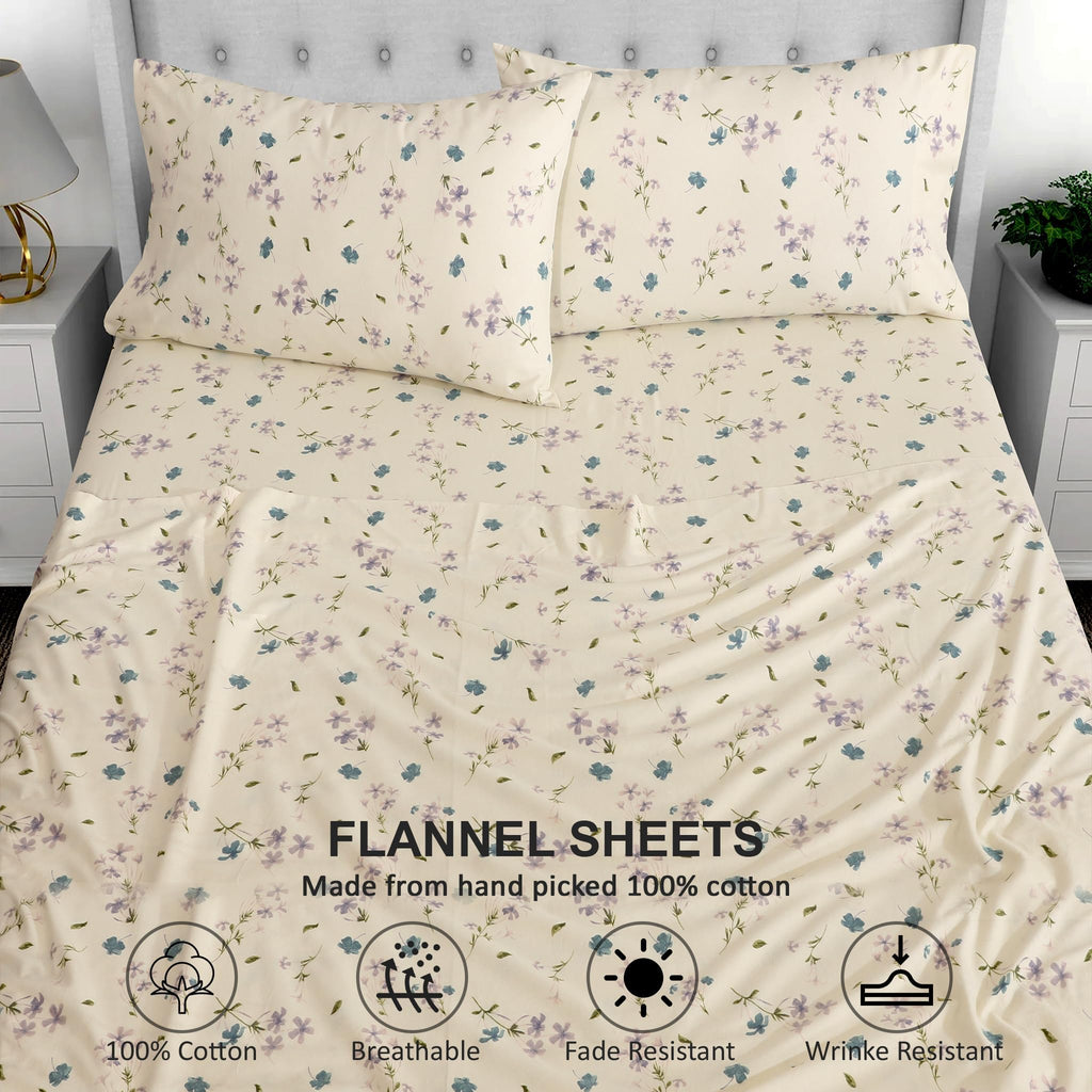 100% Cotton Flannel Sheets Split King Size, Jasmine Stamp Cream