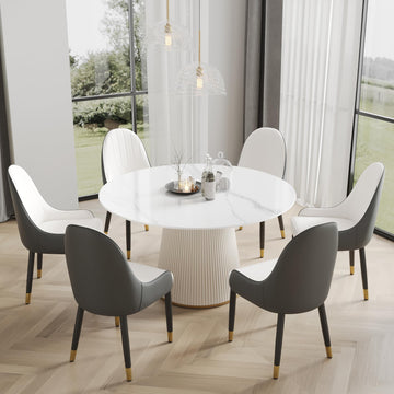 59'' Round Marble Dining Table for 6, Modern White Sintered Stone Top Kitchen Table, Faux Marble Circle Dining Table