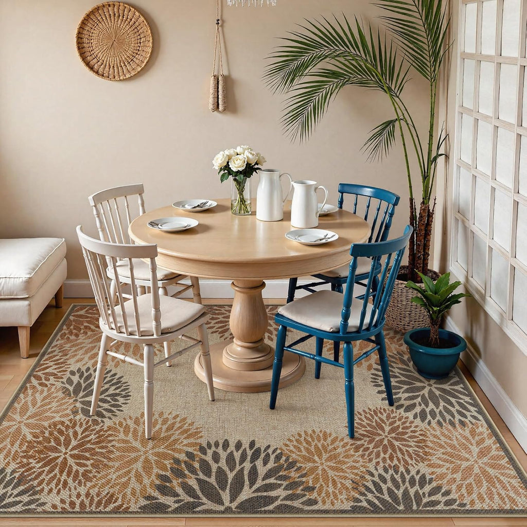 Modern Easy Jute Outdoor Rug, Washable Area Rugs Patio Floral Indoor Outdoor Rug, Boho Farmhouse Non Slip Carpet