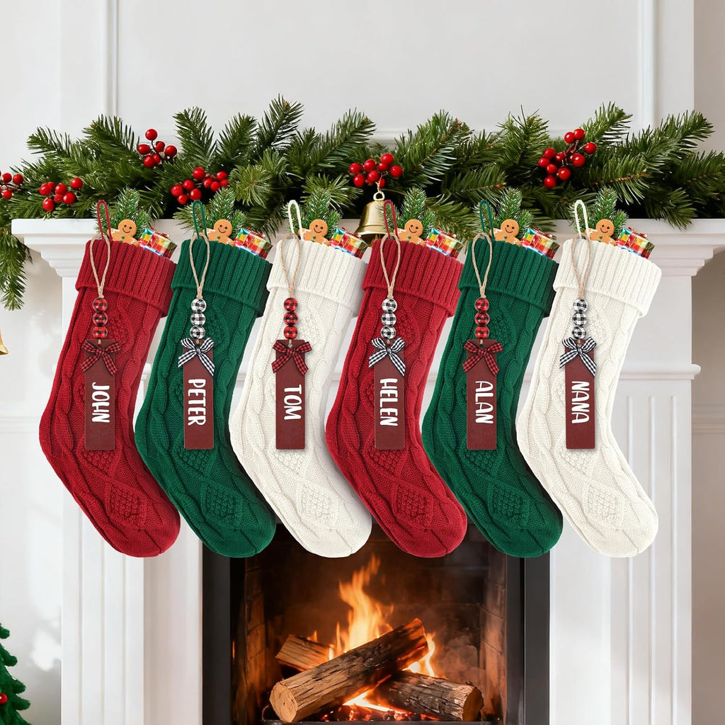 LumaBria18Inch Cable Knitted , Personalized Hanging Stockings, and Family Home Decor in Red, White, Green - Set of 6