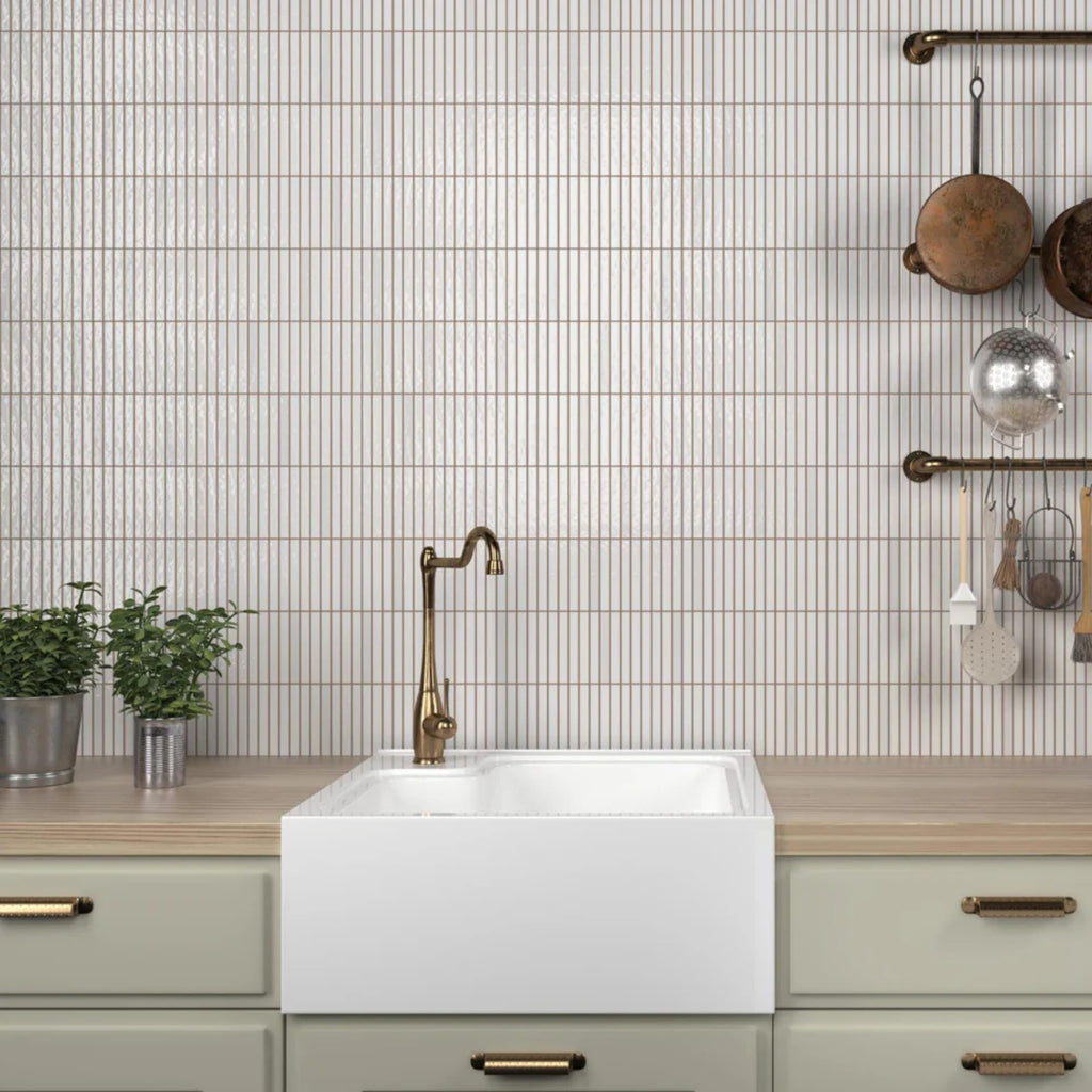 Scandia Glossy White 4.5x9 Ribbed Porcelain Wall Tile, 3D KitKat Fluted Decorative Tile Backsplash, Bathroom, Shower