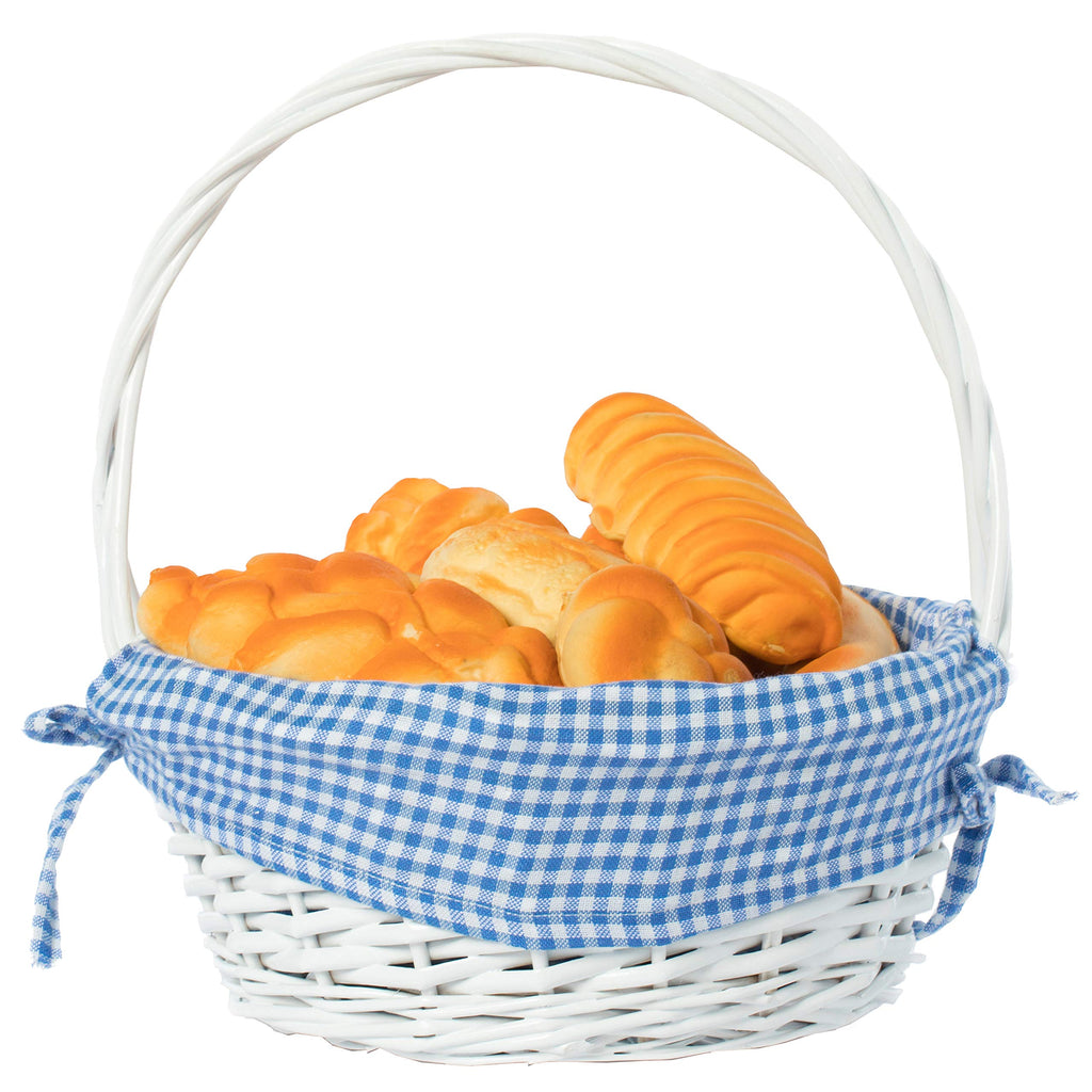 Wicker Gift Basket with Handle and Liner, 11 Inch White Willow Round Basket with Blue Gingham Liner for Easter