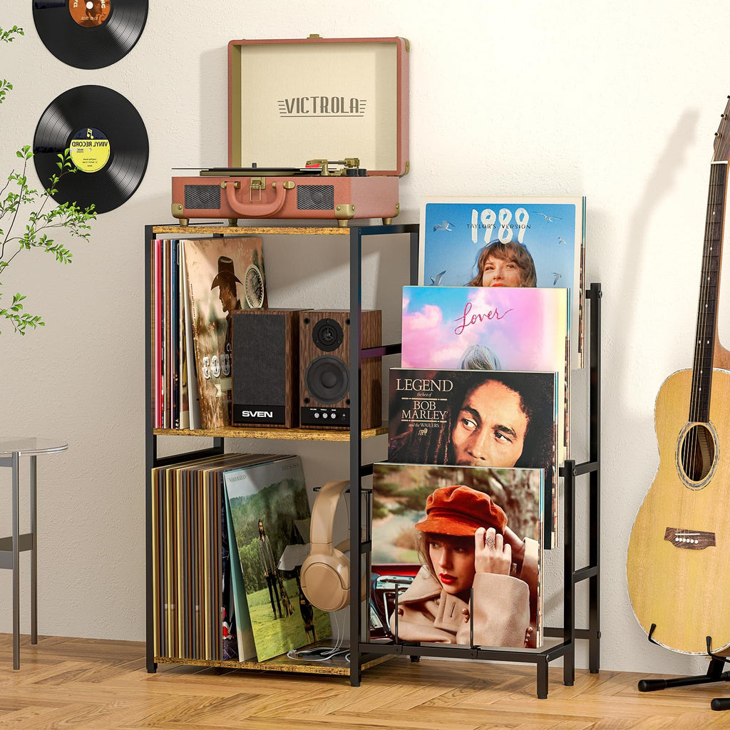Record Player Stand, Turntable Stand with 4-Tier Vinyl Record Storage, Record Player Table Storage up to 200+ Albums
