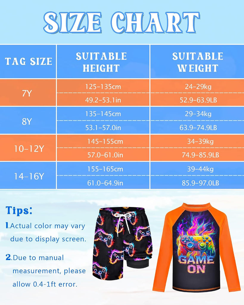 Boys Rash Guard Swim Set with Swim Trunks Bathing Suit Long Sleeve Swim Shirt Quick Dry Swimsuit Kids Swimwear Size