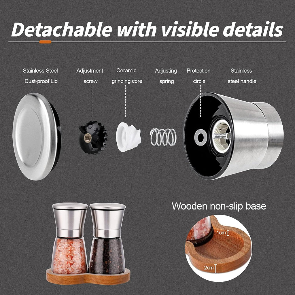 Salt and Pepper Grinder Set with Wooden Standing Tray, Refillable Pepper Mill Set - Brushed Stainless Steel - Short - Set of 2