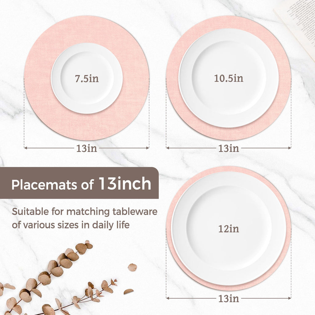 13" Round Placemats Set of 6, Reversible Faux Leather Wipeable Table Mats