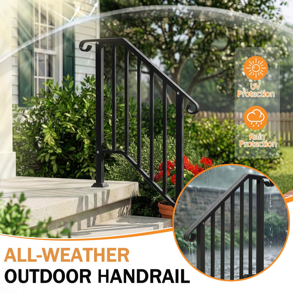 Handrails for Outdoor Steps, Black Wrought Iron Handrail Fits 2 or 3 Steps, Transitional Handrail with Installation