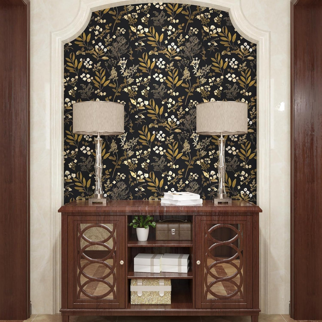 Vintage Floral Peel and Stick Wallpaper 17.5"x 393", Gold Black | Self Adhesive/Removable/Waterproof/Thick Vinyl