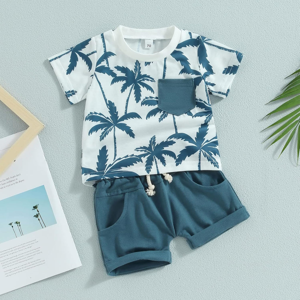 Toddler Baby Boy Clothes Beach Short Sleeve Palm Print Hawaiian T-Shirt and Drawstring Shorts Set Summer Outfit