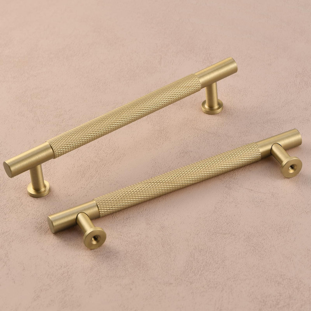 5" Knurled Solid Brass Cabinet Pulls, Brushed Matt Gold 5-Pack