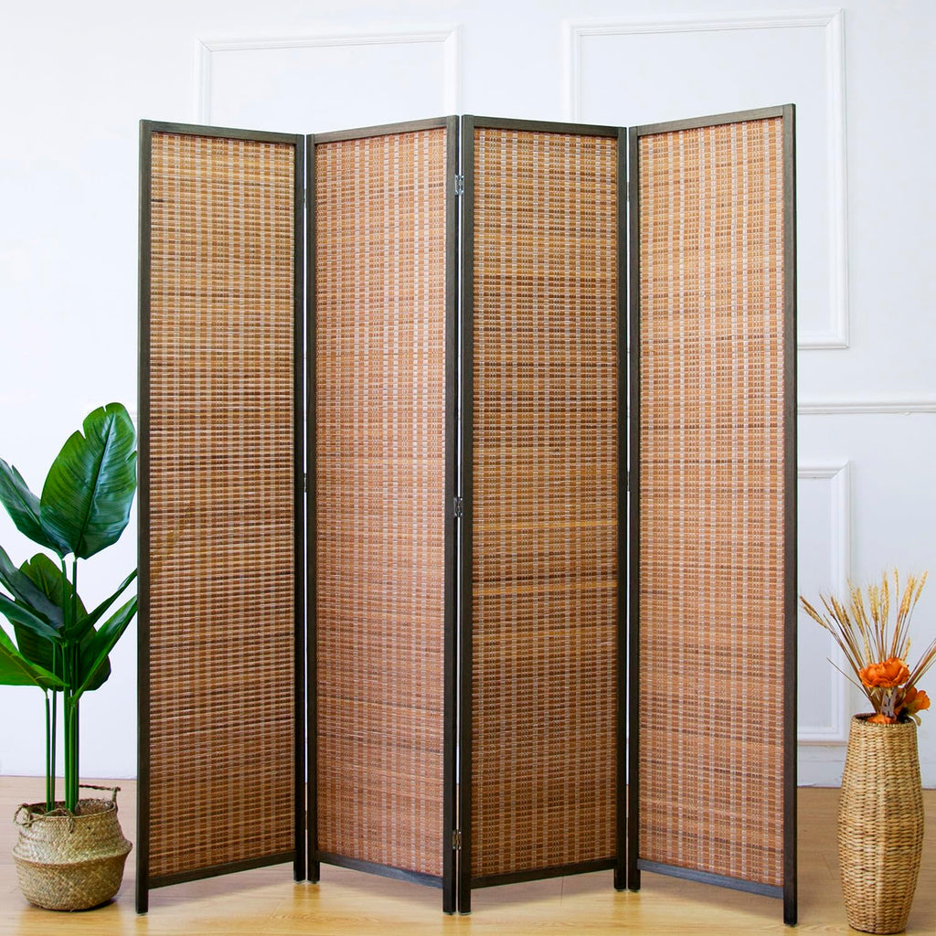 4 Panel Bamboo Room Divider - 5.6 ft Tall Folding Privacy Screen for Room Separation, Natural Brown Freestanding