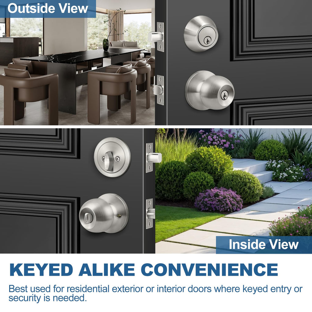 Keyed Same Exterior Door Knob and Single Cylinder Deadbolt Combo Set, Keyed Alike Entry Door Knobs with Lock and Keys