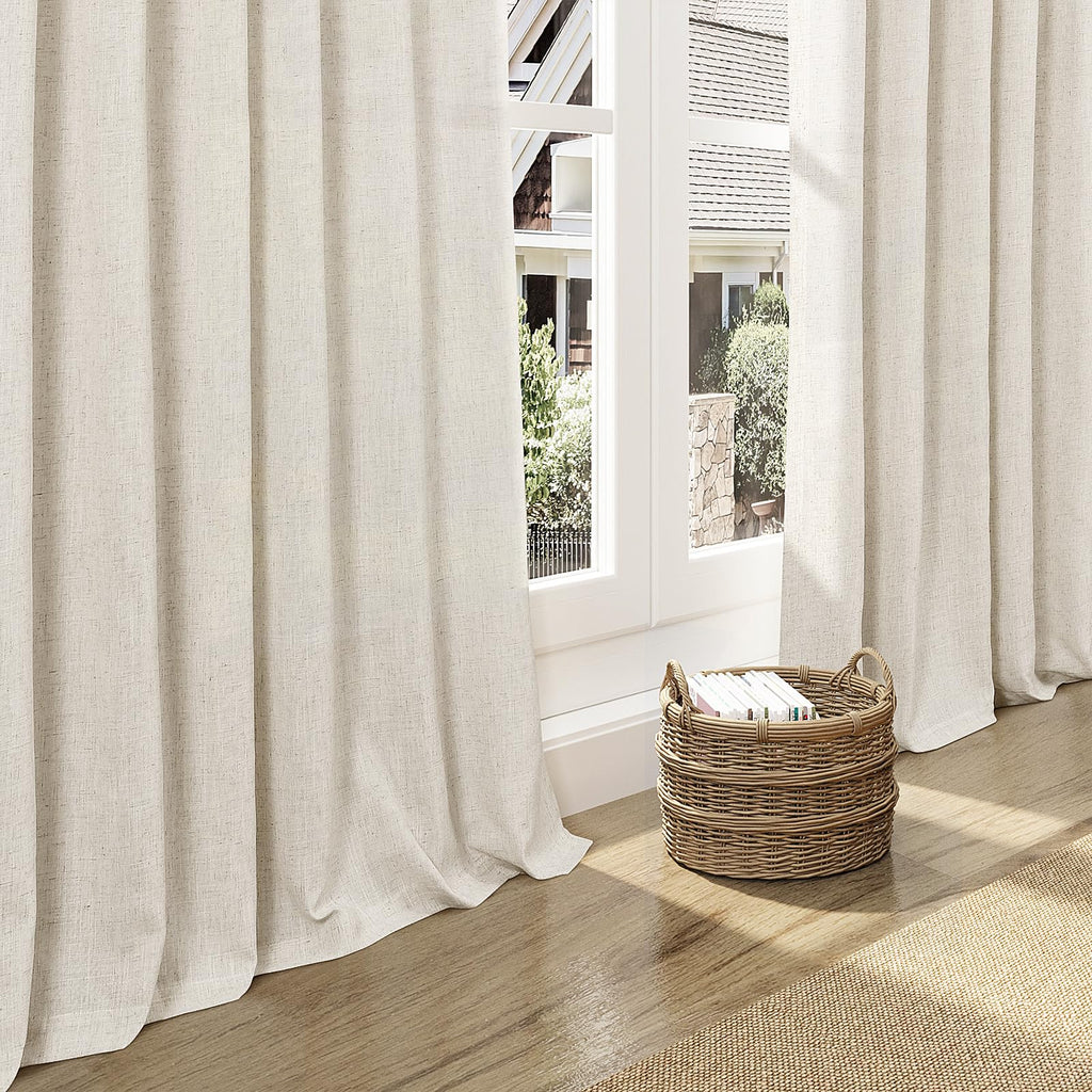 Warm Beige Linen Curtains 90 Inch Long 2 Panels Set Living Room Linen Textured Window Drapes Semi Sheer Light