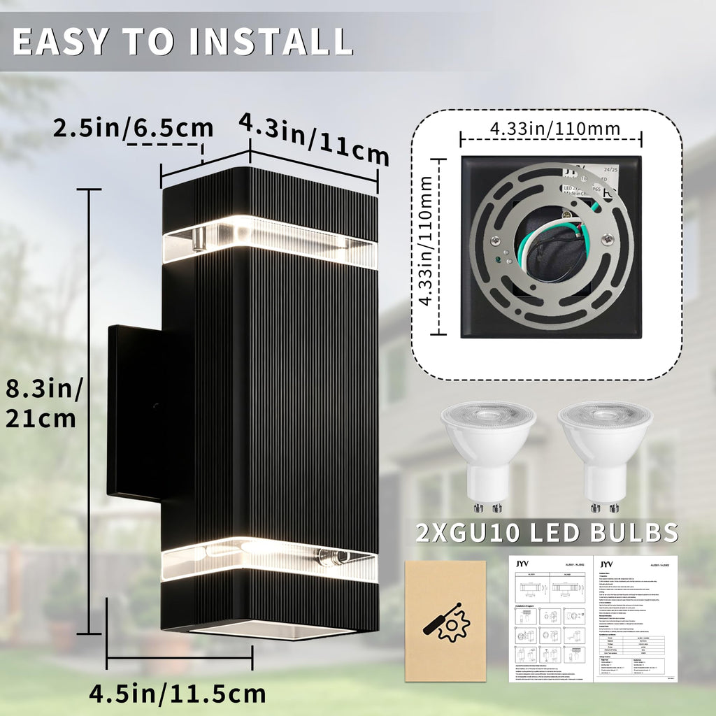 2 Pack Outdoor Wall Lights, Square Up and Down Porch Lights, Black