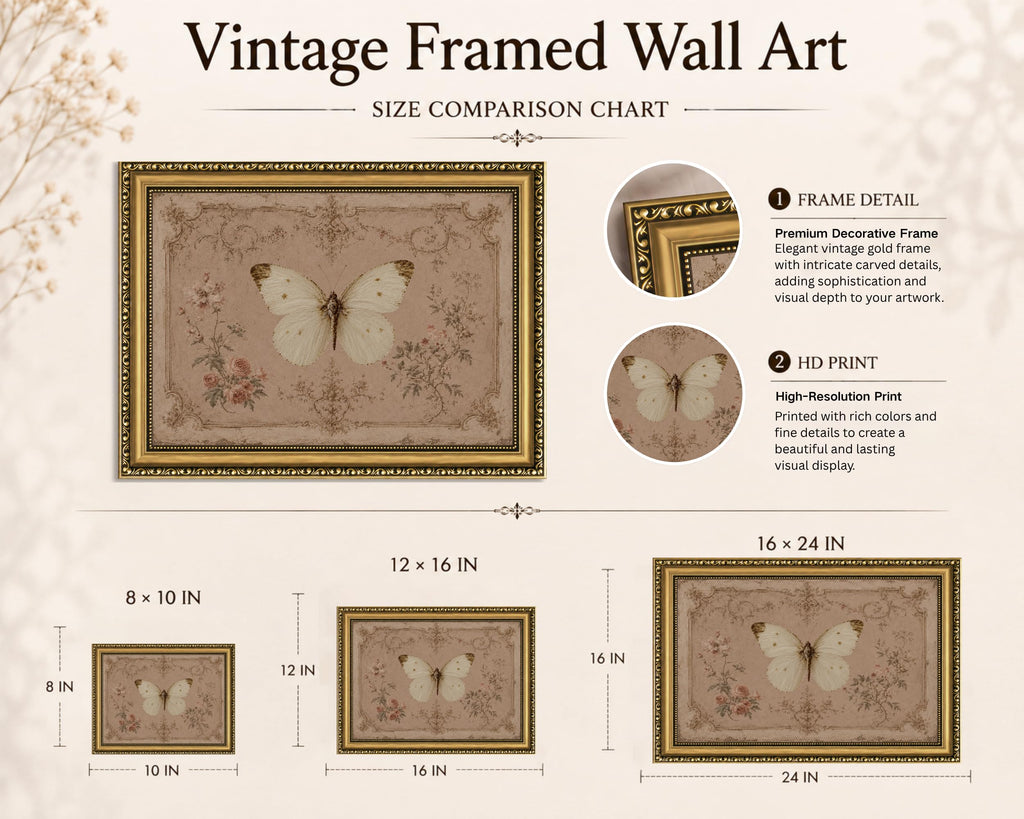 Vintage Gold Framed Butterfly Wall Art Antique White Moth Canvas Print Rustic Botanical Insect Artwork French