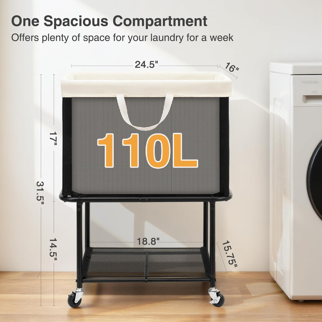 Rolling Laundry Hamper with Lockable Wheels, 29-Gallon (110L) Laundry Cart with Removable Canvas Bag, 2-Tier Clothes