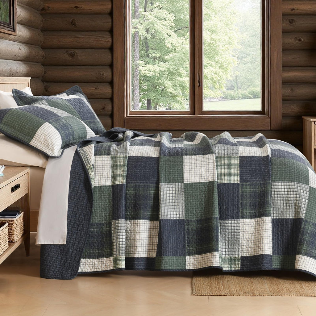 Rustic Quilt Set, 100% Cotton Plaid Patchwork Bedspreads