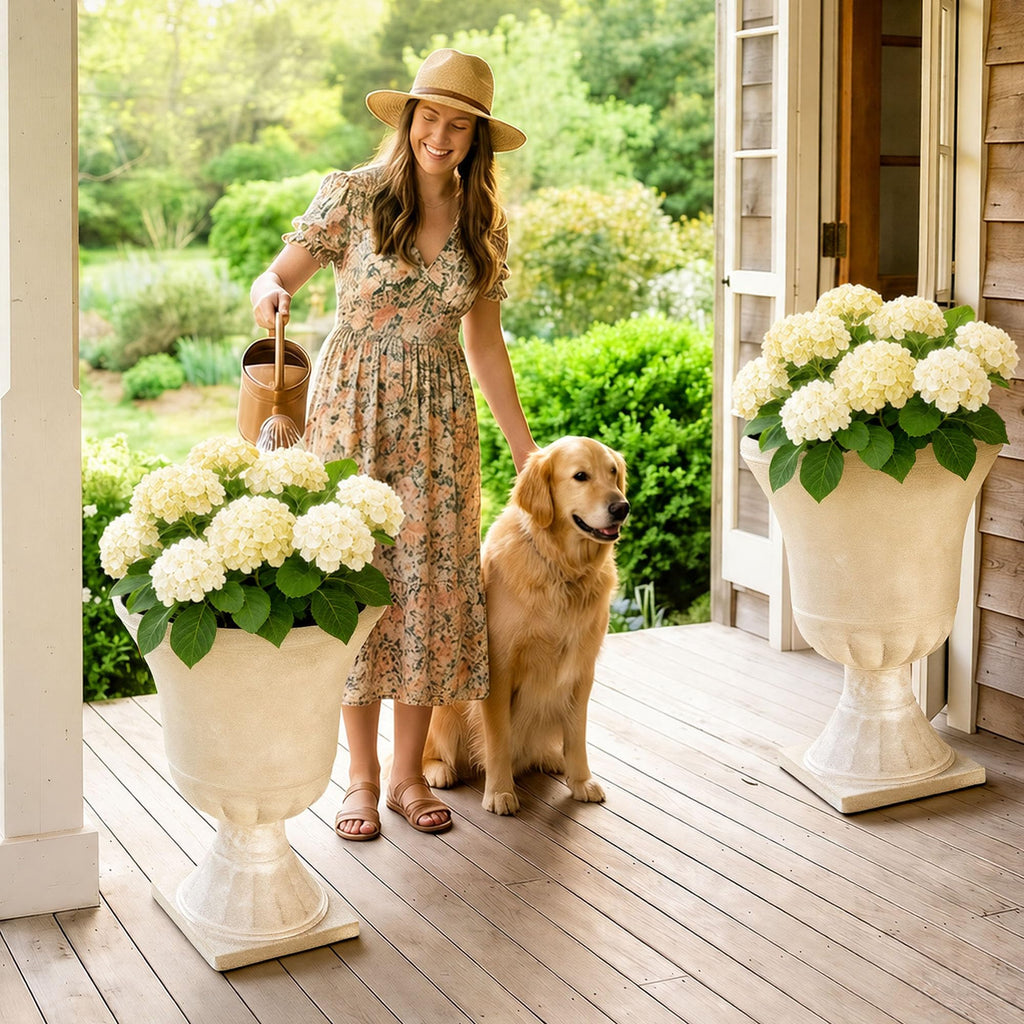 22" Tall Urn Planters Set of 2 Large Flower Pots, Antique Ivory