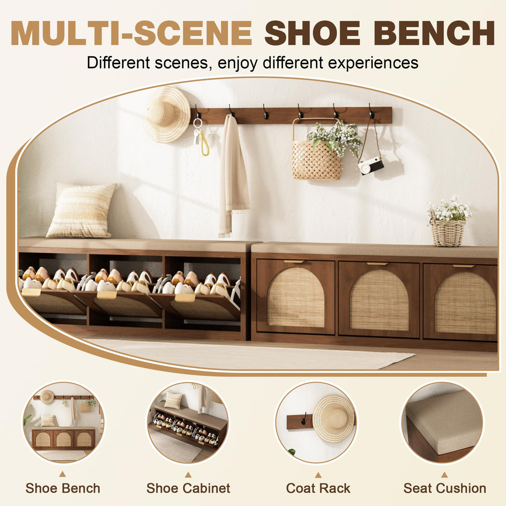 Rattan Narrow Entryway Bench with Shoe Storage, 3 Flip Drawers & Coat Rack, Mid-Century Modern Wood Shoe Cabinet with