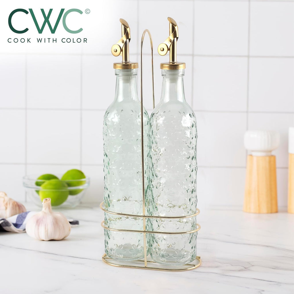 Glass Olive Oil Bottle Dispenser - 2 Pack- 17oz Oil and Vinegar Cruet - Olive Oil Carafe Decanter, Floral, Green - Set of 2