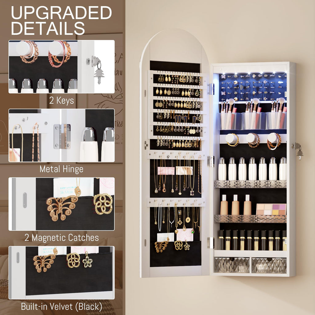 Wall Mounted Jewelry Organizer Lockable, 43"x16" Door Hanging Arched Mirror with Lights and Jewelry Storage, 6 LEDs