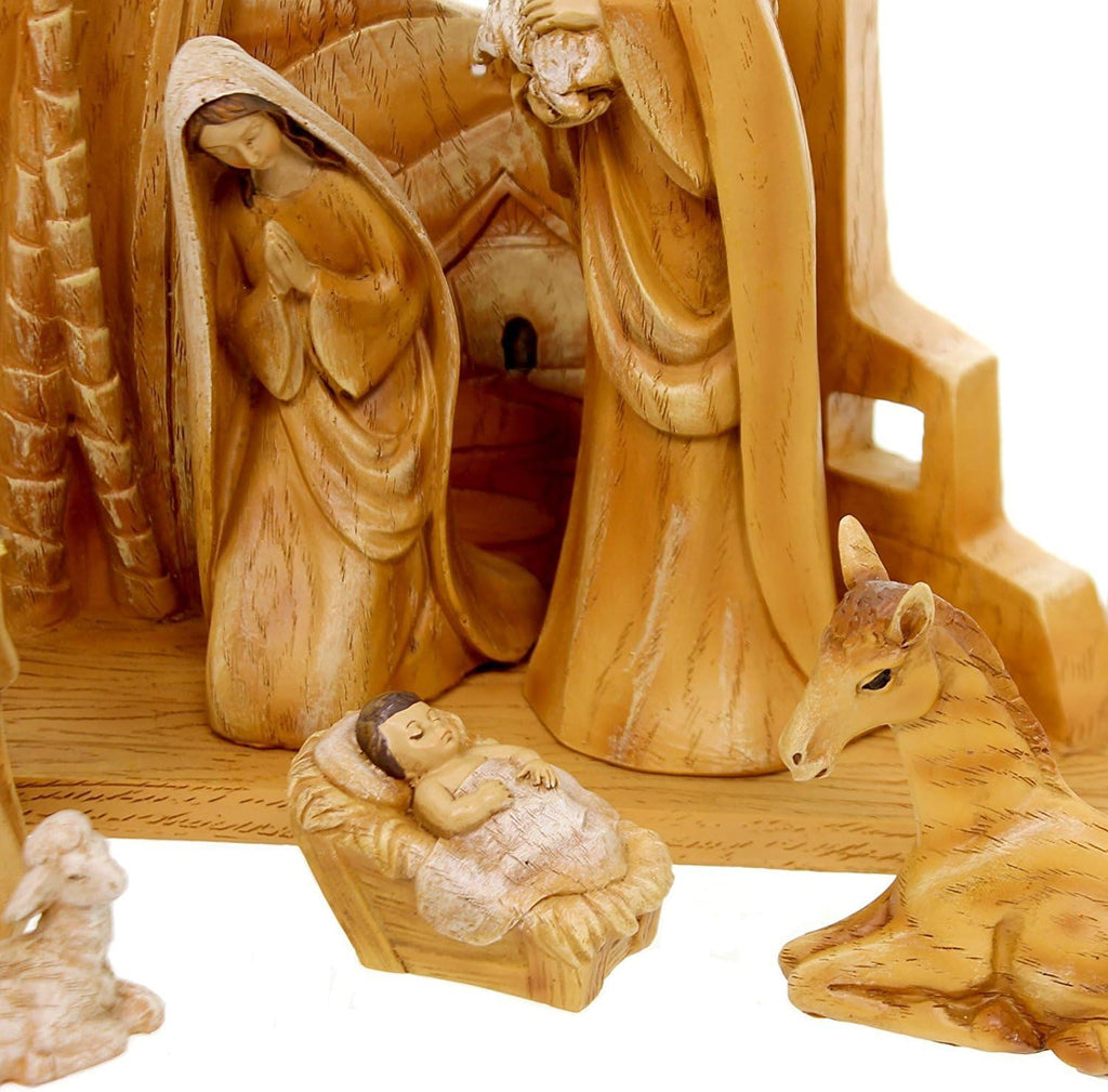 9pc Set 12" Carved Nativity with Scene Back Drop, Faux Wood Grain