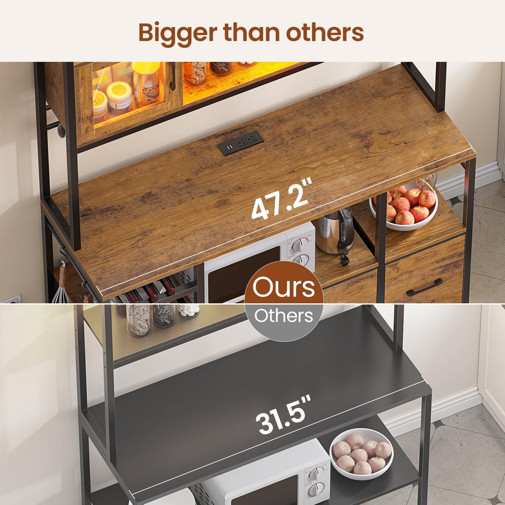 Bakers Rack with Power Outlet and LED Light, 47.2'' Microwave Stand with Storage, Kitchen Coffee Bar Cabinet with