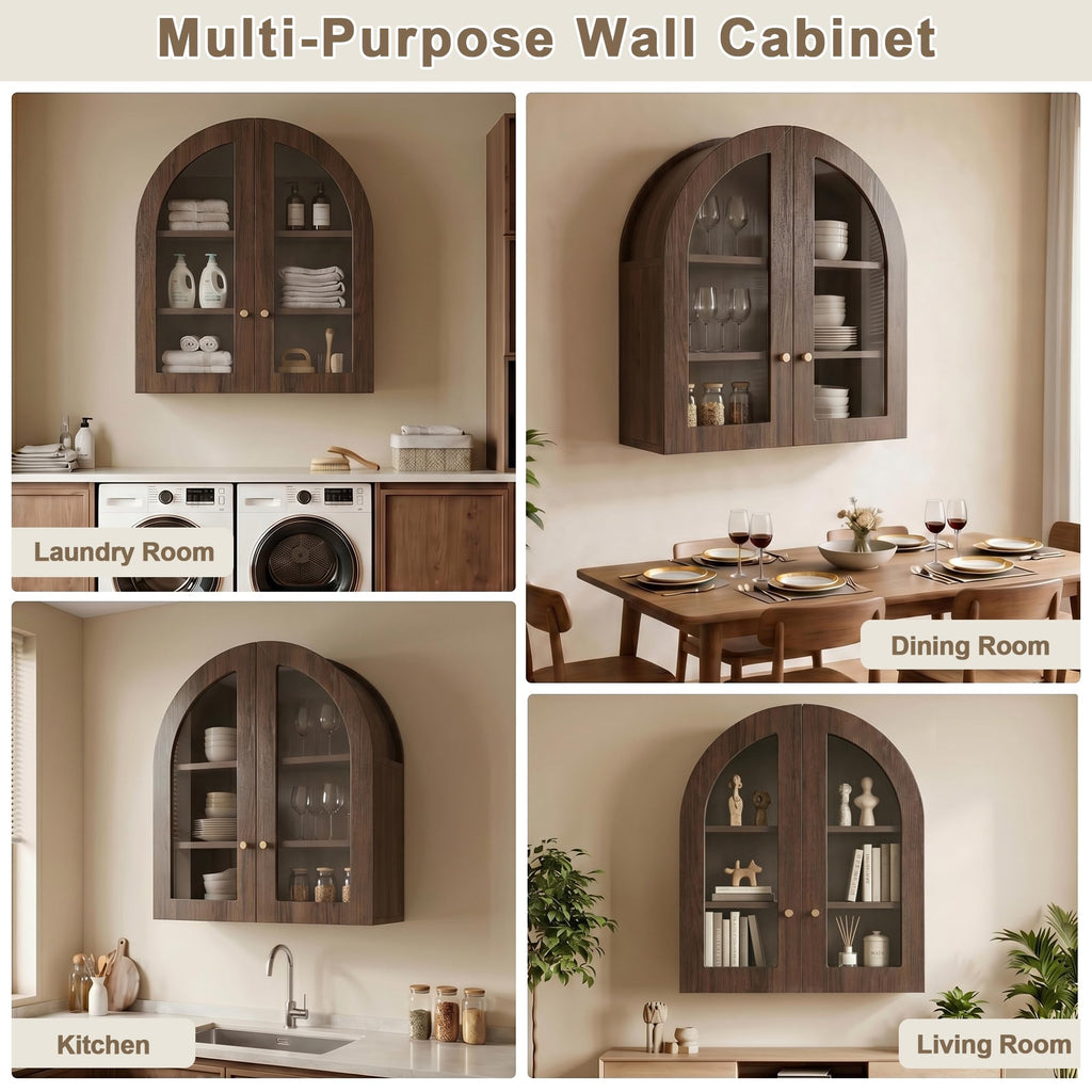 Arched Wall Cabinet, Bathroom Cabinet Wall Mount with Glass Doors & Adjustable Shelf, Floating Medicine Cabinet