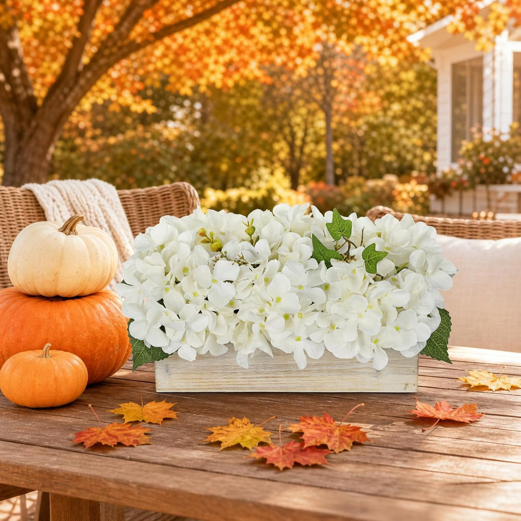 White Hydrangea Artificial Flowers in Wooden Pot Faux Silk Hydrangea Flowers Potted Fake Fall Flower Floral