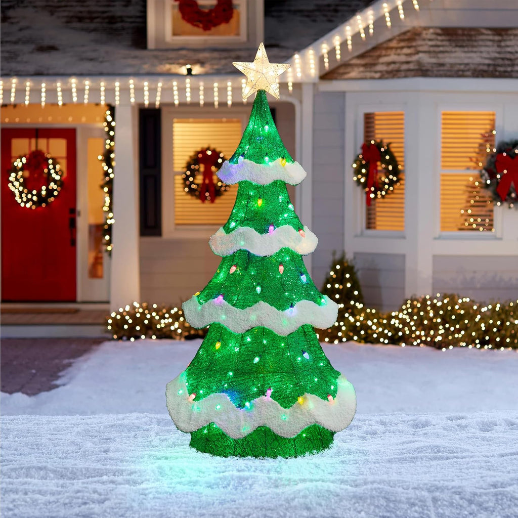 6FT Outdoor Lighted 3D Christmas Tree, Large Mesh Christmas Tree Holiday Yard Decoration with Colorful Bulbs and 261