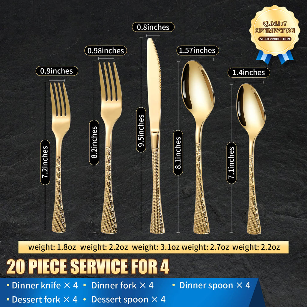Hammered Gold Silverware Set,20 Piece Modern Flatware Set Service for 4,Mirror Polished Stainless Steel Cutlery Set