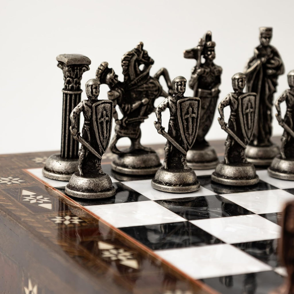 Luxury Handmade Wooden Chess Set with Metal Pieces - 12.2'' Decorative Storage Chess Board - British Themed Chess