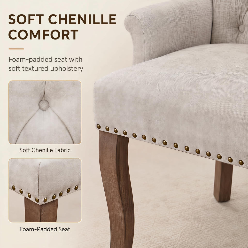 Upholstered Chenille Fabric Dining Chairs with Arms Set of 6, Tufted High Back Dining Room Chairs with Curved
