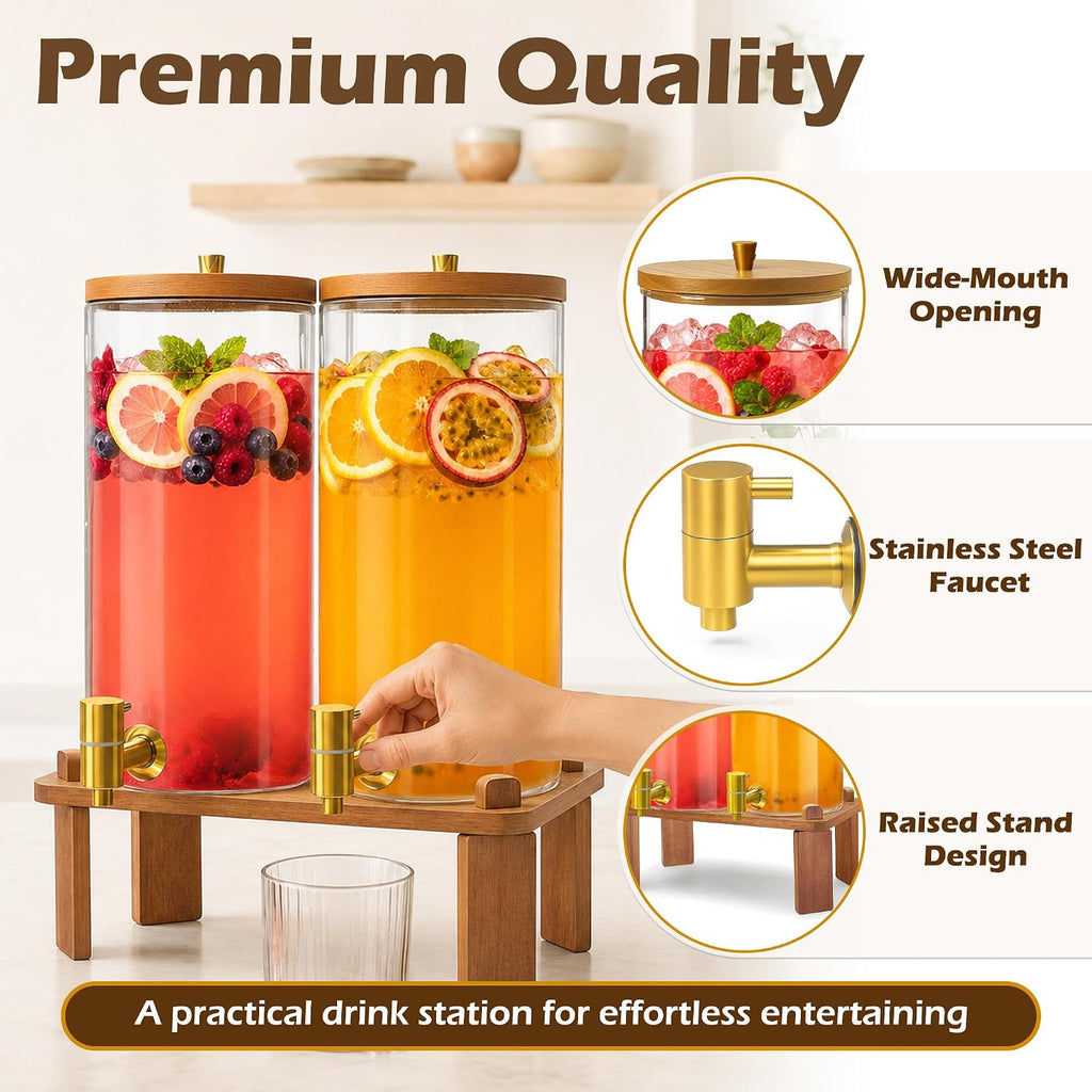 Drink Dispenser, 1.5 Gallon Each with Wood Stand, Juice Lemonade Dispenser with Stainless Steel Spigots, Drink - Set of 2