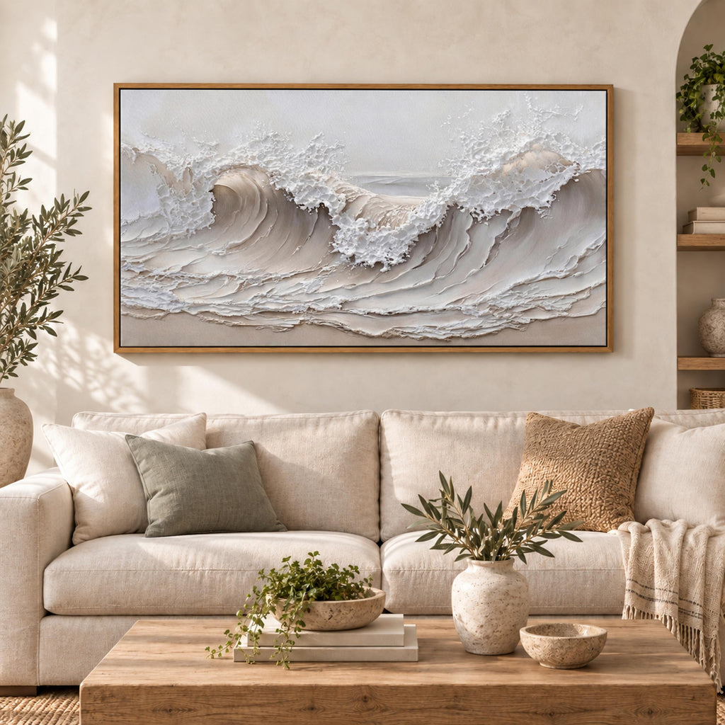 Neutral Ocean Wave Wall Art, Framed Textured Canvas, 16x32 Inch