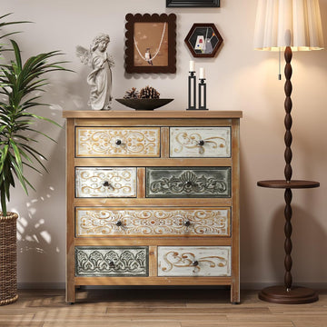 26" Vintage Freestanding Storage Chest, Accent Cabinets with Carved Details, Utility Organizer with Multi Drawers