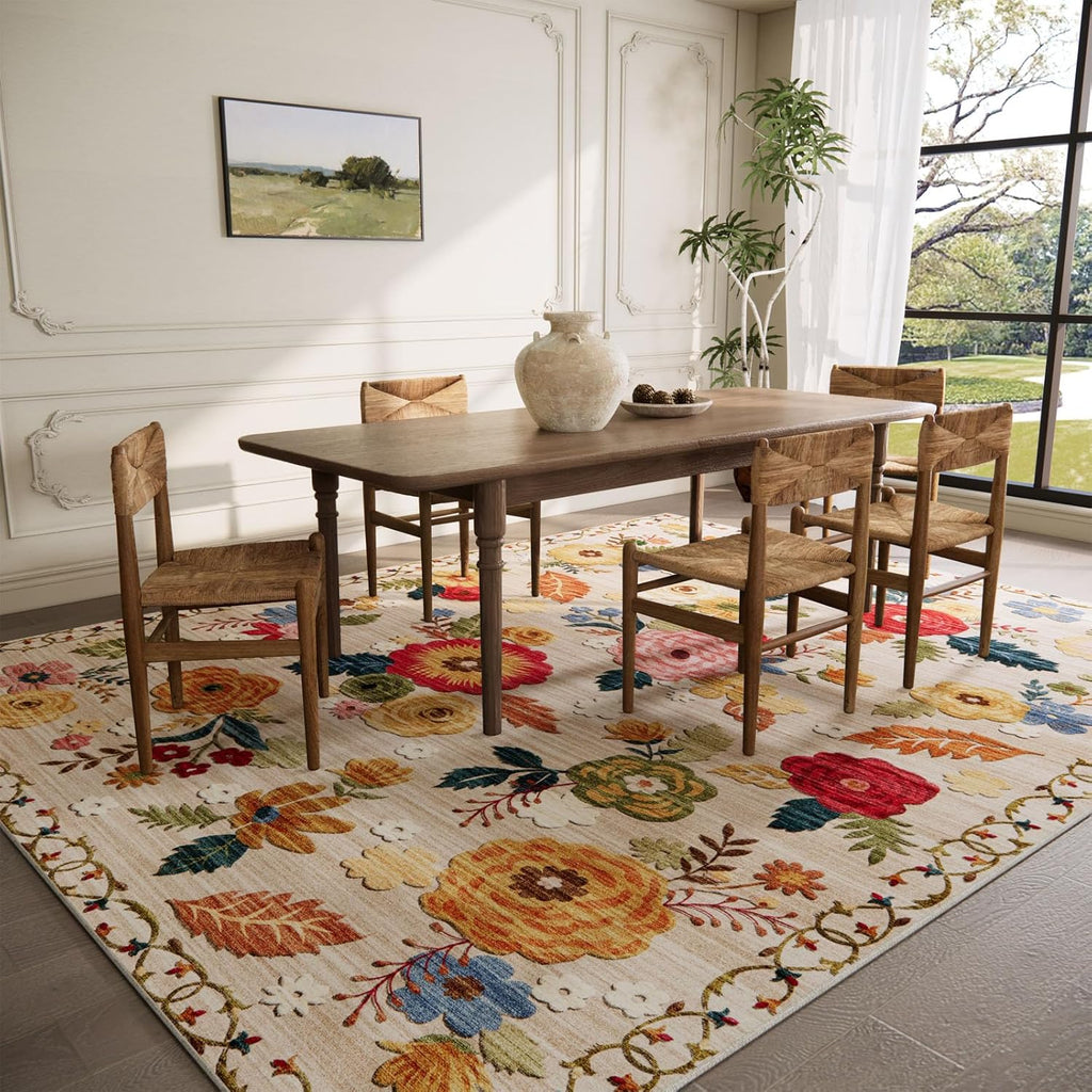 8x10 Area Rugs for Living Room: Washable Rug Non Slip Low Pile Soft Faux Wool Non Shedding Distressed Vintage Floral