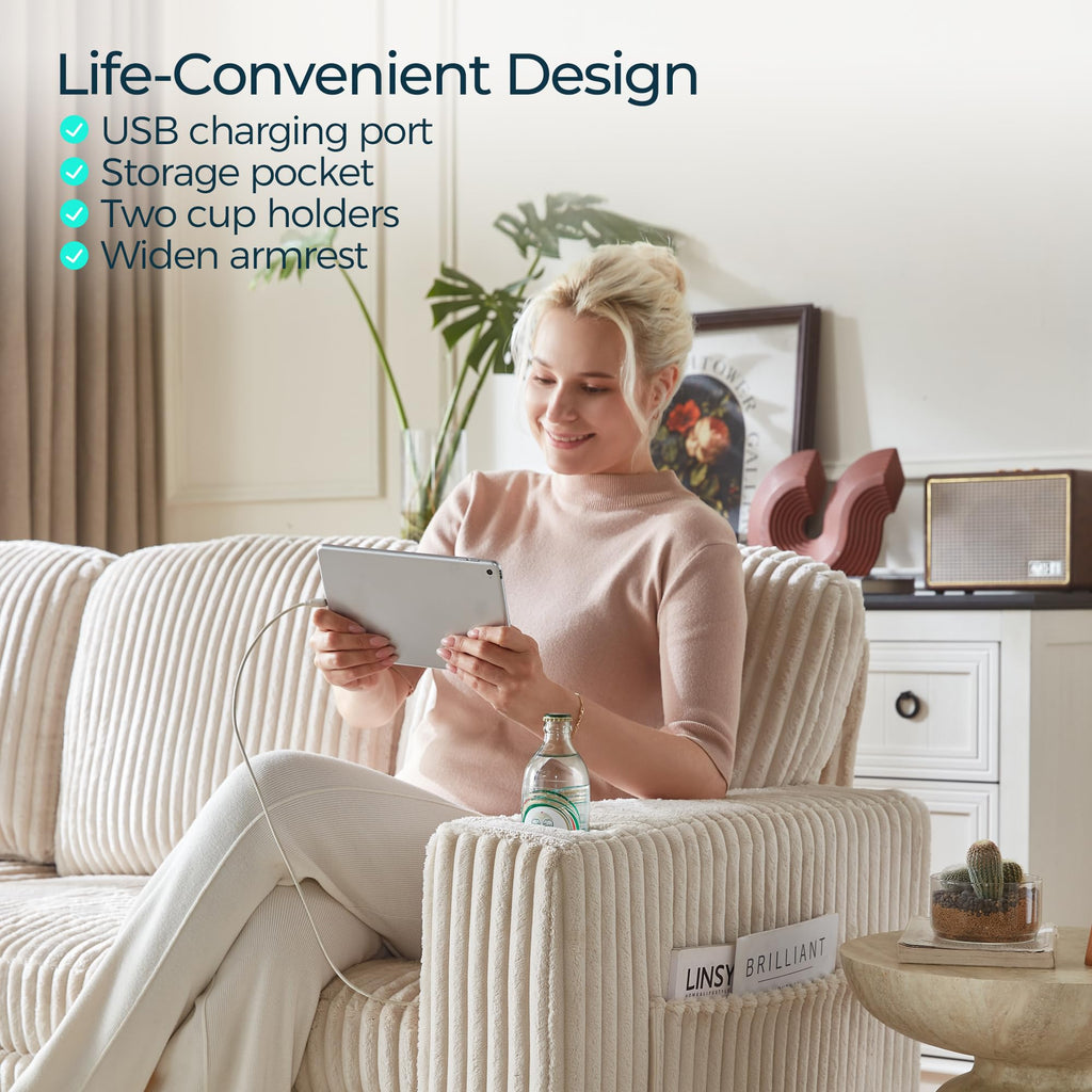 L Shaped Sectional Pull Out Couch, 6 Seats Corduroy Sleeper Sofa with Storage Chaise&Seat and Versatile Armrest, 106"