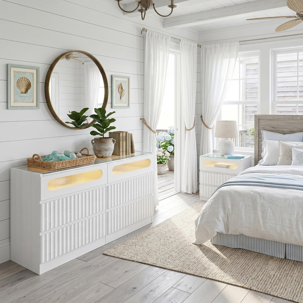 Fluted 6 Drawer Dresser, Modern Chest of Drawers, White Oak