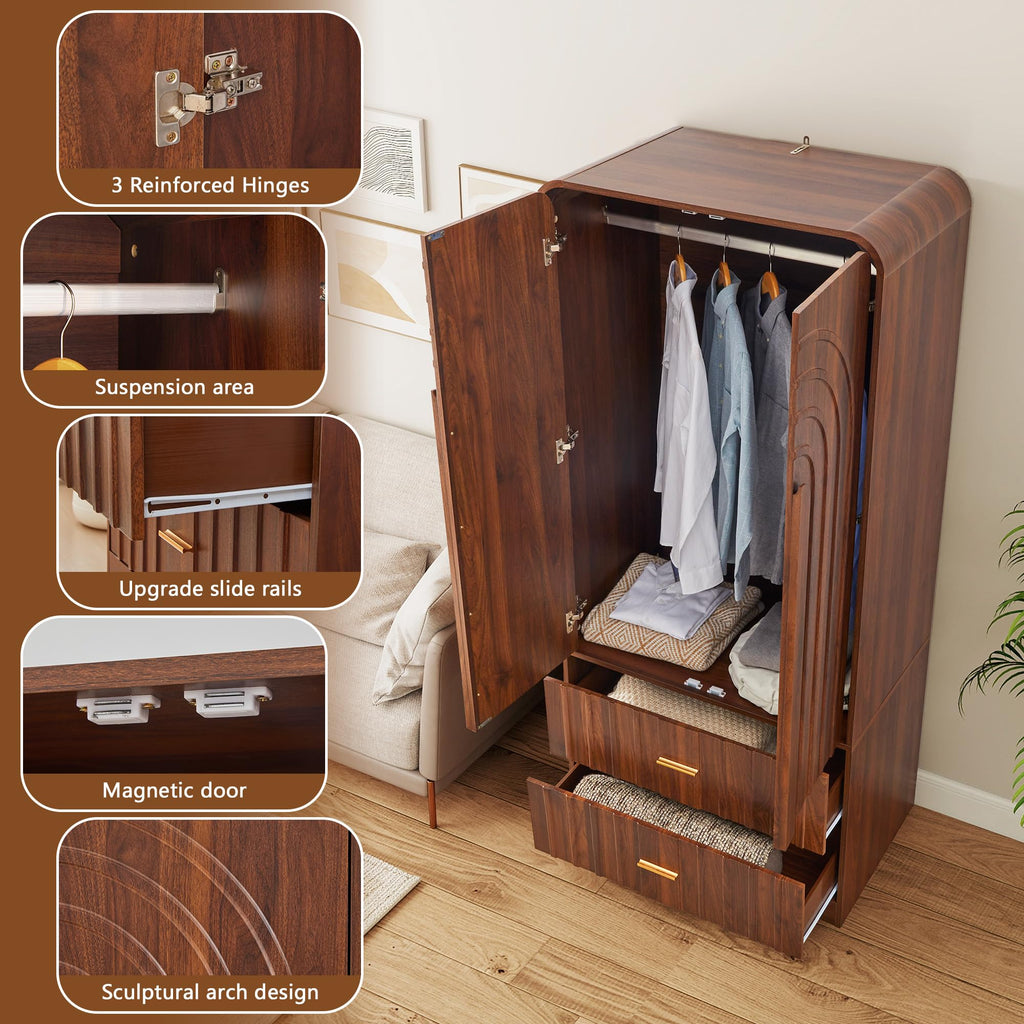 Freestanding Armoire Wardrobe Closet with Arched Fluted 2 Doors and 2 Storage Drawers, Large Capacity Wardrobe