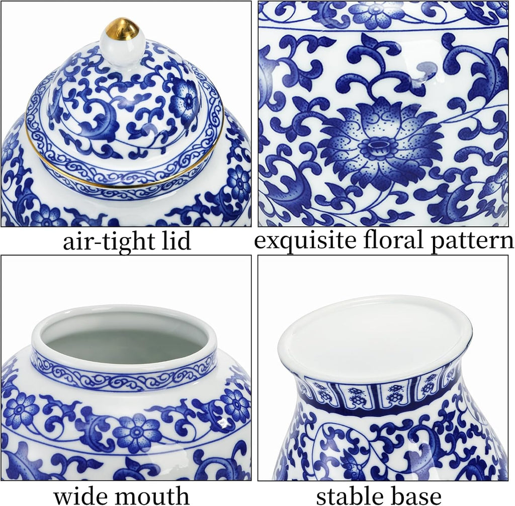 Blue and White Ginger Jar with Lid, 7.2 Inch Chinoiserie Porcelain Ginger Jars Airtight, Decorative Ceramic Tea Candy