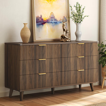 Wood Tall 6 Drawers Dresser, 53.2" W Fluted Modern Dressers
