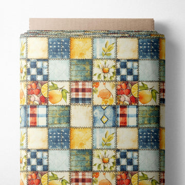 Patchwork Cotton Fabric Panel 61 x 36.6 Inches, Lemon Fruit Quilt Style Pattern, Rustic Blue Yellow Design, 100%