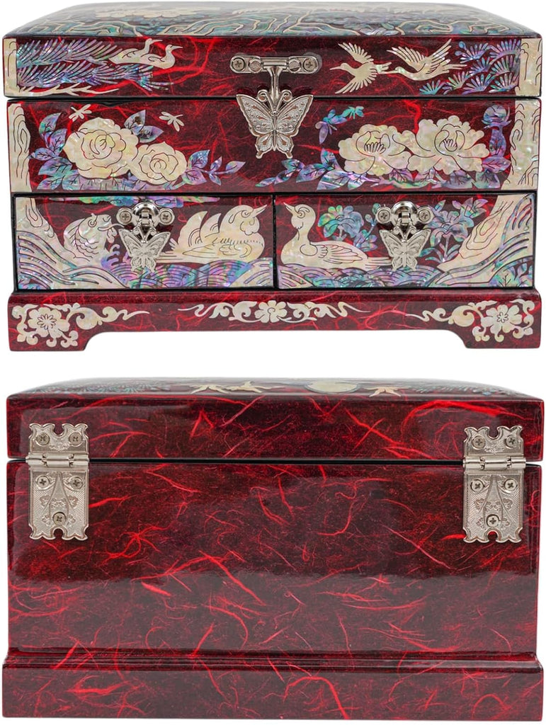 Korean Mother of Pearl Jewelry Box - 2-Drawer Keepsake Box with Mirror, Traditional Oriental Trinket Organizer - Gift